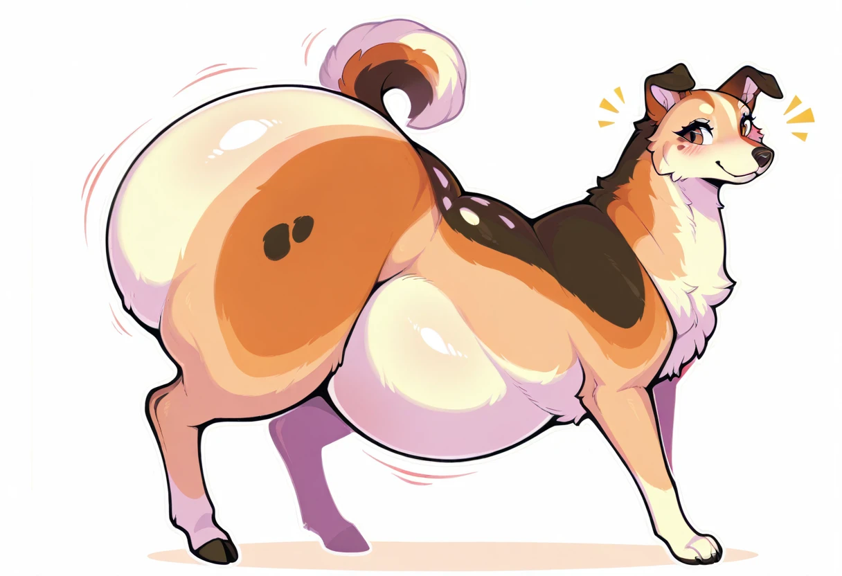 Masterpiece, wide hips,((hyper thighs)), ((hyper ass)), big balls,((feral)), looking at viewer seductively, tongue out, blushing, standing, bedroom background,(( 4 legs)),((non anthropomorphic)), thigh highs, dark brown fur, brown eyes