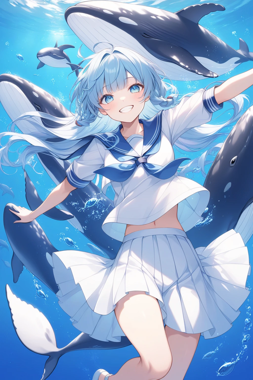 masterpiece, best quality, 1girl, solo, <lora:Common Bottlenose Dolphin:0.7>, fins, head fins, short hair, multicolored hair, grey hair, white hair, blue hair, blue eyes, (cetacean tail), choker, white choker, bracelet, sailor collar, neckerchief, white neckerchief, dress, frilled dress, sailor dress, short sleeves, frills, anchor symbol, shoes, white footwear, bow, footwear bow, underwater, from behind, white panties, coral, ass, :o,