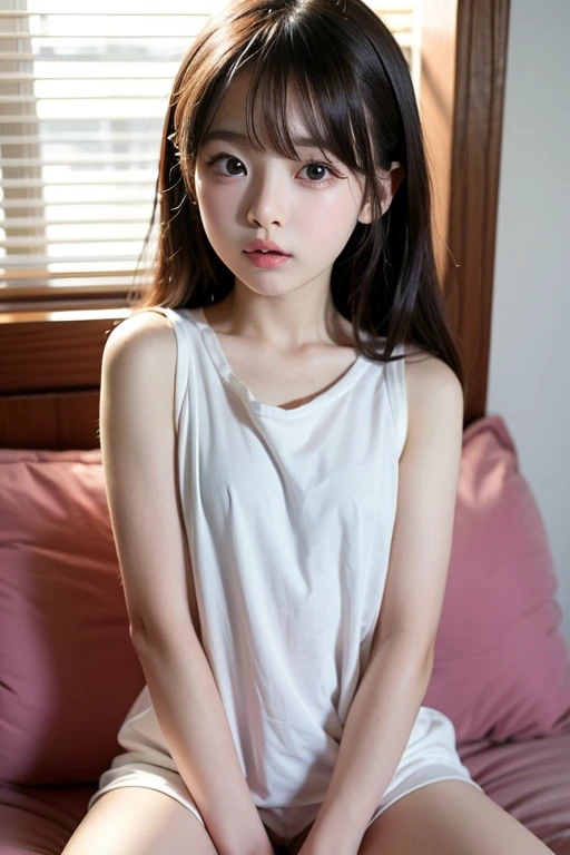 ((Highest quality)), ((Photo quality)), (detailed), Perfect Face，12 years old,Upper Body，Thin arms,White skin,bed,Thin camisole