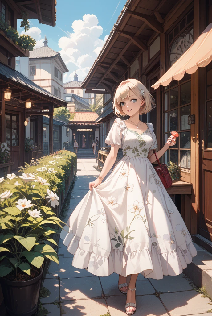 Lililukarde, Liliruka gets burned, , (Brown eyes:1.7), Brown Hair, (Flat :1.2), smile,blush straw hat short hair,White sleeveless dress,Long skirt,Heeled Sandals,Walking,sunset,evening,The sun is setting,whole bodyがイラストに入るように,
break looking at viewer,whole body,
break outdoors, Building district,
break (masterpiece:1.2), Highest quality, High resolution, unity 8k wallpaper, (figure:0.8), (Beautiful attention to detail:1.6), Highly detailed face, Perfect lighting, Highly detailed CG, (Perfect hands, Perfect ),