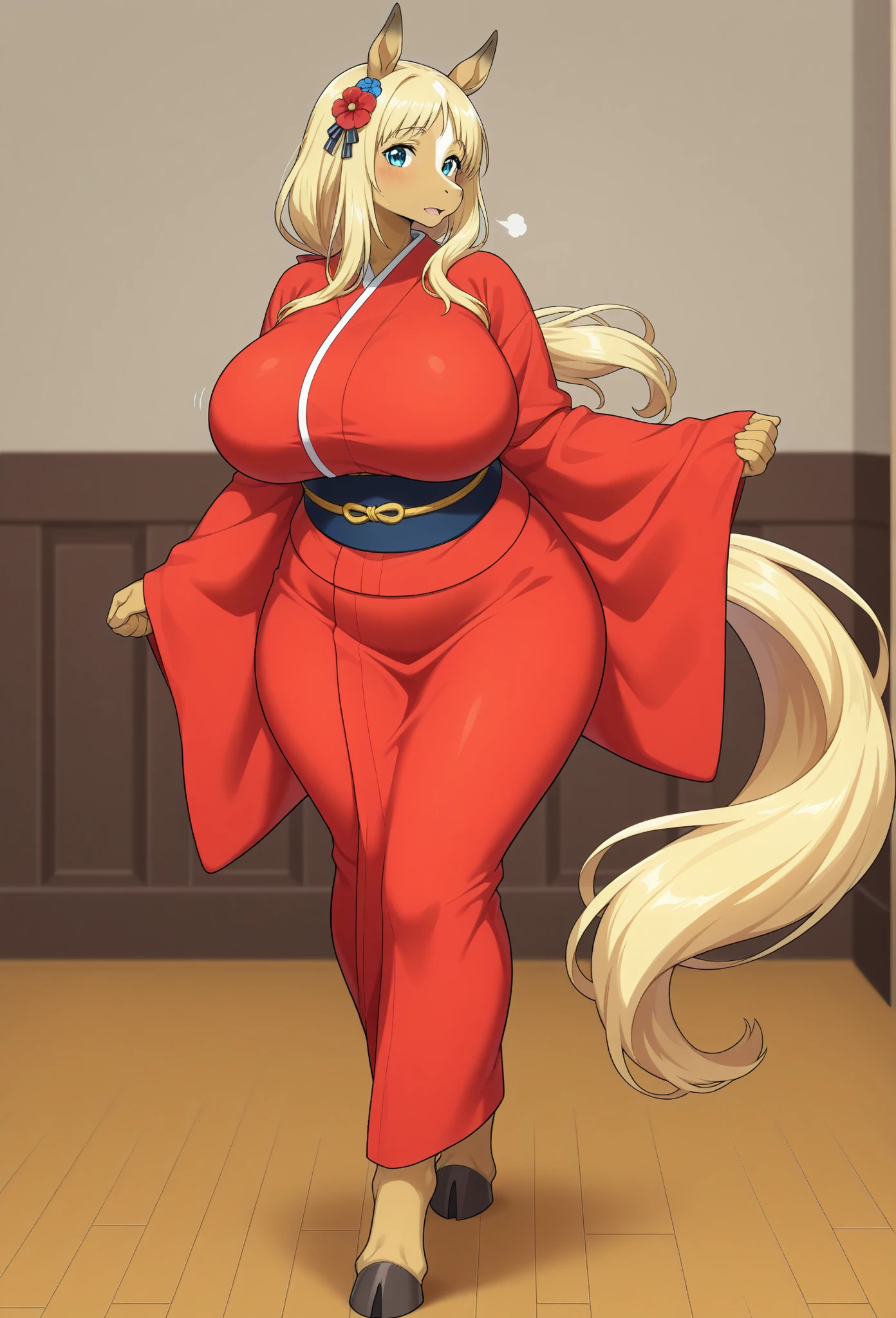 (masterpiece, best quality:1.3), Taigerarts, Soft Shading, 1girl, solo, looking at viewer, <lora:Taigerarts Style Lora:.8>, seductive eyes, wide hips, thick thighs, blushing, dynamic angle, mature female, medium breasts, parted lips, white kimono, red hakama, long hair, blonde hair, blue eyes