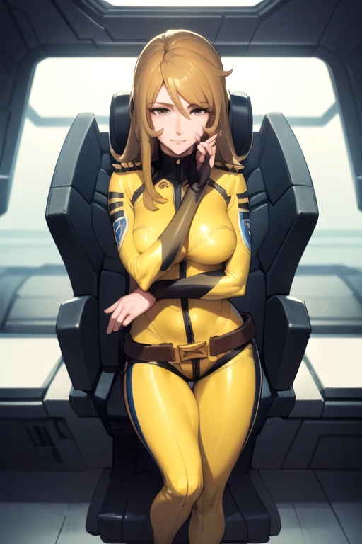 (((best quality))), (((masterpiece))), (((detailed))),
(MoriYuki), (Space battleship Yamato)
solo, closed mouth, light smile,
blonde hair, long hair, (brown eyes), (best quality eyes), (detailed face),
(MoriBodysuit), ((yellow bodysuit)), belt,
standing, looking at the viewer,
science fiction, cockpit, starry sky, ((big breasts)), (thighs), (look at the camera), ((cyber pank)), smooth surface