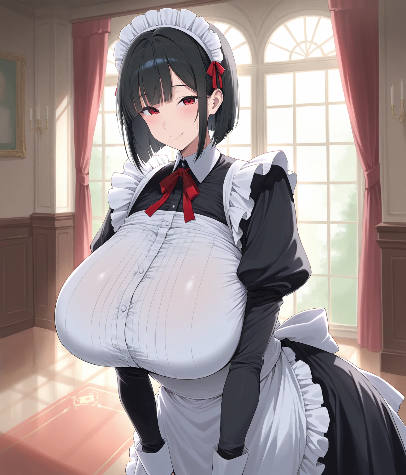 SFW, (maid clothes, keyhole cleavage), (gigantic breasts, huge breasts, Big breast), arms behind back, firm breasts, slim waist, curvy figure, (black_hair, (red_eyes), long ponytail)