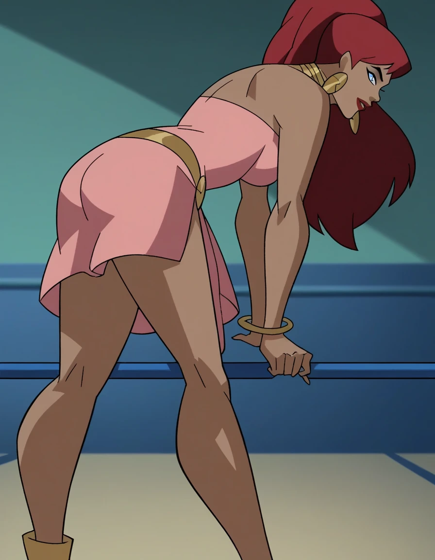 score_9, score_8_up, score_7_up, source_anime,
giganta, giganta, blue eyes, red hair, dark skin, 1girl, solo dark-skinned female, makeup, lipstick, ponytail,
dress, jewelry, earrings, bracelet, pink dress, eyebrows raised, concentrated
indoors, gym, toe touching, bent over, pantyshot, white panties, big butt, full view, side view, rear view