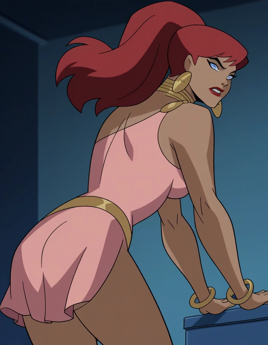score_9, score_8_up, score_7_up, source_anime,
giganta, giganta, blue eyes, red hair, dark skin, 1girl, solo dark-skinned female, makeup, lipstick, ponytail,
dress, jewelry, earrings, bracelet, pink dress, eyebrows raised, seductive smile, looking at viewer
indoors, standing, pantyshot, white panties with pink hearts, frilly panties, heart print panties, lifting dress, upskirt shot, hips, thigh highs, full view, side view, front view,