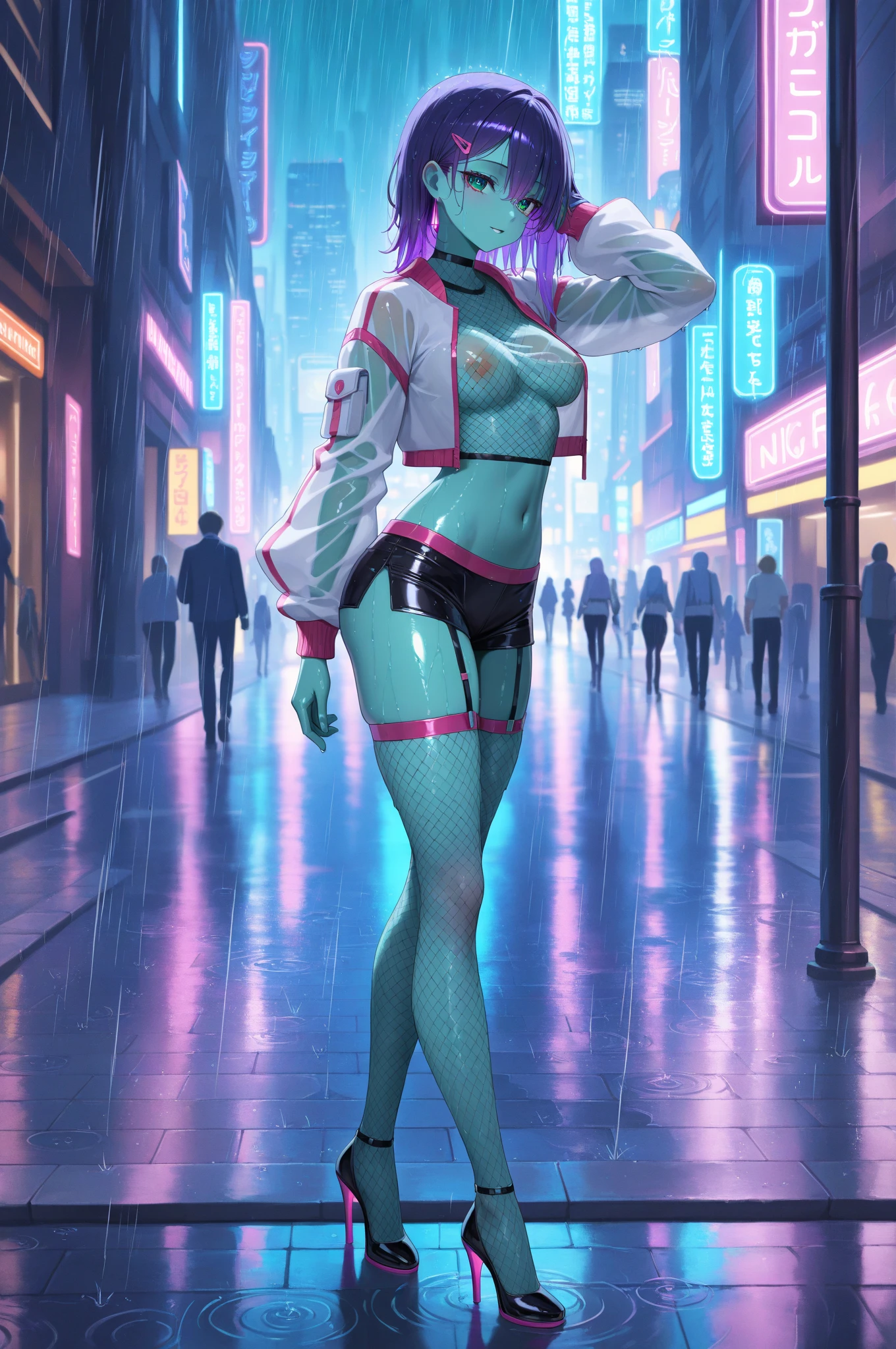 girl alien,(((1girl))),((beautiful girl alien)),

Alien Fish girl, ((blue skin:1.5)), (huge eyes:1.5), (((ear fins:1.5))), (((scaly skin:1.5))),((monster_girl)),(deep blue skin:1.5),

(turquoise hair:1.5), short hair, (((very short hair:1.5, twintails hairstyle))),

(nsfw, glowing eyes, turquoise_eyes:1.0), (((black sclera:1.5))),symmetrical eyes,(large breasts:1.4),saggy breasts,((colored inner hair)),((fat)),(((shiny body,plastic glitter skin,exaggerated shiny skin,illuminated skin,wet legs))),(spider lower abdomen,narrow waist,wide hip,athletic body,inflated legs, thick thighs,detailed body,(detailed face)),

cute,slutty,seductive,erotic,((nsfw:1.3)),

zettai ryouiki,revealing clothing,show skin,((rave bikini,((neon pink  color rave mini-skirt)),visible thong straps)),((underpants strap)),(wearing a rave dancing outfit:1.3,rave dancing clothes,semi-naked,with little clothing),(((pink clothes))),((wet clothes,intricate outfit,intricate clothes)),

(dynamic pose:1.0),solo focus,embarrassed,(centered,scale to fit dimensions,Rule of thirds),

cyberpunk city by the ocean at night, with bright neon signs and dark stormy clouds and puddles, scenery:1.25,nighttime, starry night, cosmos,Very dark night that makes the neon lights stand out, very bright neon lights,

artistic photography,(photography taken by sldr),highres, sharp focus,(ultra detailed, extremely detailed), (photorealistic artwork:1.37),(extremely detailed CG unity 8k wallpaper),((synthwave background theme)),(((vibrant colors))),intricate,(intricate background),(masterpiece),(best quality),perfect rendered face,perfect face details,realistic face,photo realistic,analog style,((intricate detail)),(((realism))),
