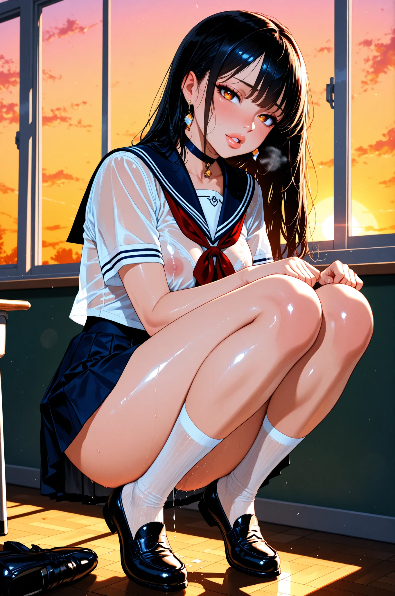 High school girl, realistic, sailor suit (sleeveless), long, untied black hair, see-through, squatting girl, legs spread out, no panties, mouth open, mouth with white liquid