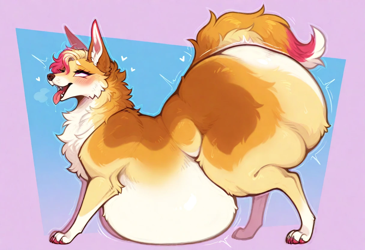 by kenket, by totesfleisch8, (by thebigslick, by silverfox5213:0.8), (by syuro:0.2), chee-riee, disney lady_and_the_tramp, angel_(lady_and_the_tramp), canid, canine canis domestic_dog, mammal, pomeranian, spitz, absurd_res, hi_res, bedroom_eyes, blue_eyes, brown_nose, ccheek_tuft, eyelashes, facial_tuft, female, feral, fluffy, fluffy_tail, fur, half-closed_eyes, head_tuft looking_at_viewer, lying narrowed_eyes, on_back, one_ear_up pawpads, paws, purple_eyes,, seductive, simple_background, smile, solo, spread_legs, spreading, tail, tuft, yellow_body, yellow_fur, (ahegao), (hyper canine butt:1.5)