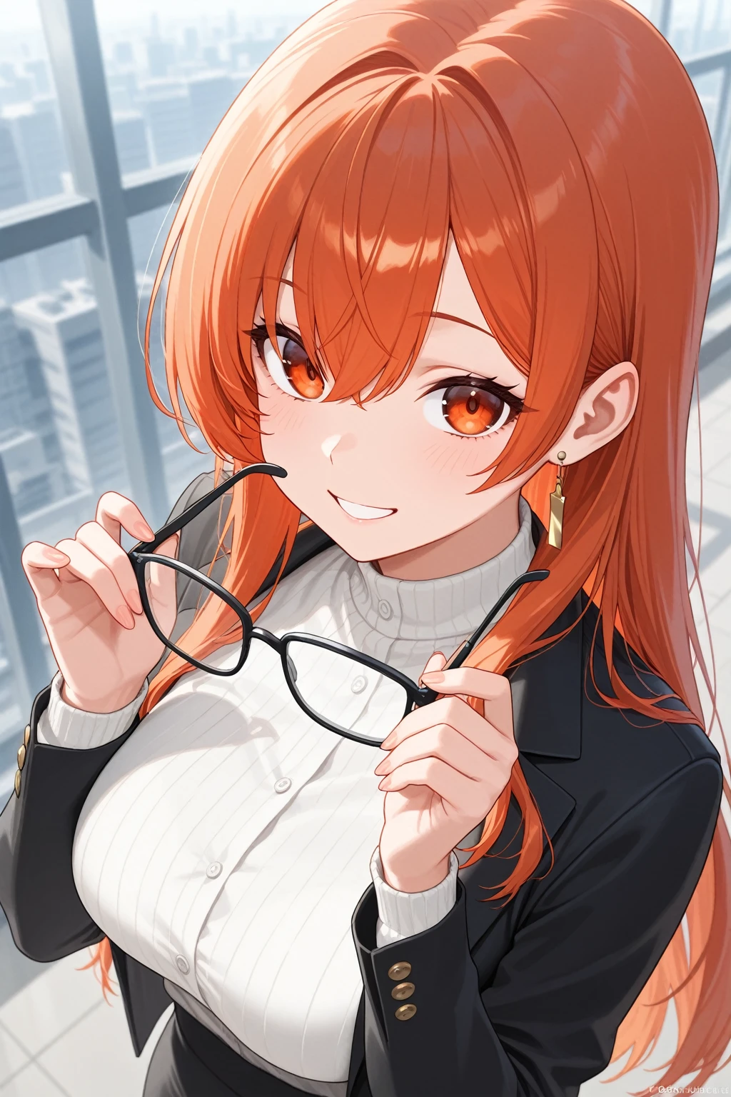 masterpiece, Highest quality, so beautiful, Absurd,
One girl, alone, Red hair, Long Hair,
ponytail, Glasses collar shirt, Happy, smile, View your viewers, Adjusting Glasses, White Background, Simple Background,
 