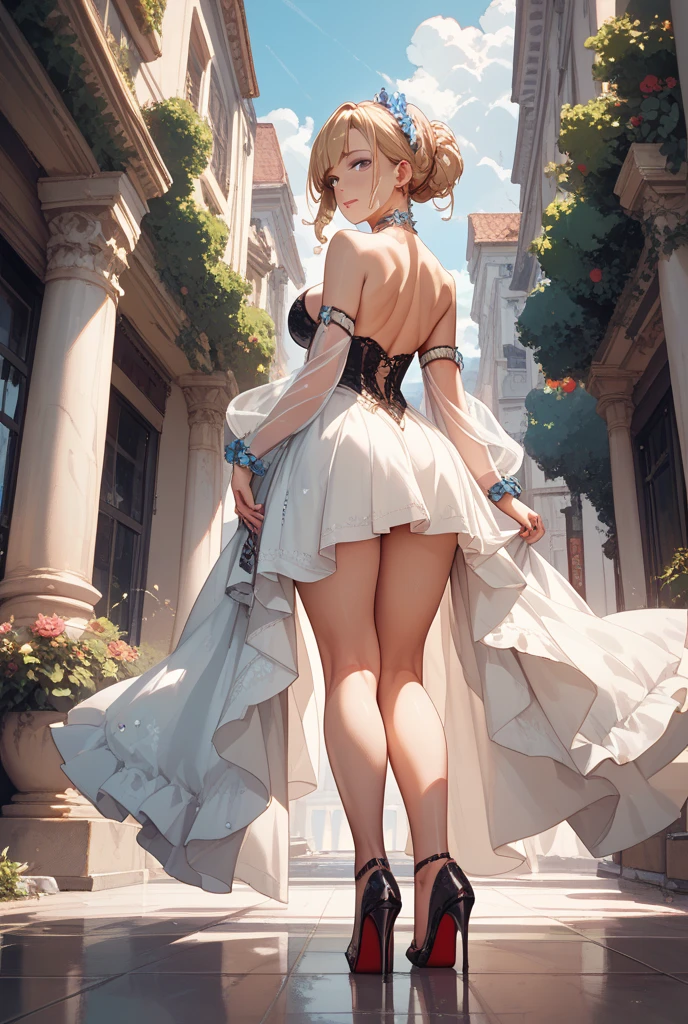 standing woman, back, cocktail dress, nude color dress, plunging neckline, Whole body. Ochako Uraraka, medium breasts, braless, perfect legs, High heels, perfect arms, perfect hands, perfect feet, view from below, upskirt. Super detailed, masterpiece. garden, evening