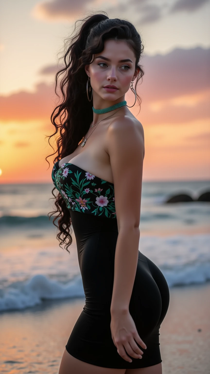 Italian girl, 18, by the wide, black fur, wavy fur, face, Detailed face,Part, Brown eyes, Nice smile, slightly full mouth, long dress with blue flower design, natural bulging breasts, slim abs , Realistic lighting, Instagram photo style taken with an iPhone, mykonos background
