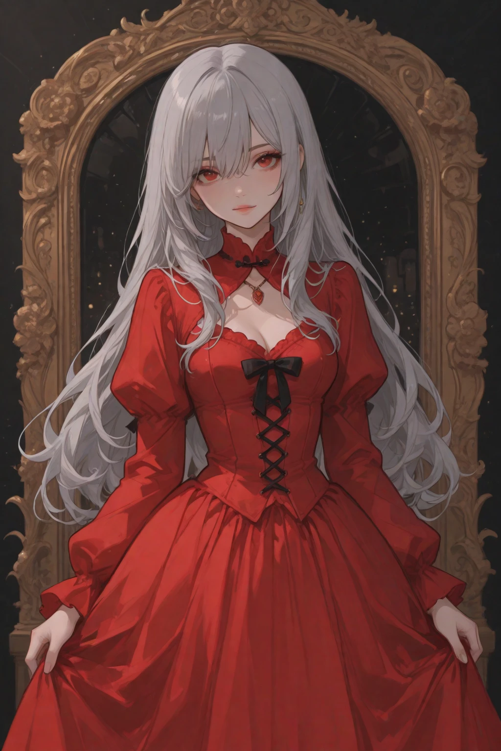 vampire, red alchemy potions, red alchemy potion, potion bottle, glowing red potion, masterpiece, best quality, ultra-detailed, illustration, ultra-detailed face, best quality face, evil, 30 years old, adult, 1girl, 30 years old, <lora:majesticContainers_v10:1>, no human, white hair, alchemy outfit, intricate detailed outfit