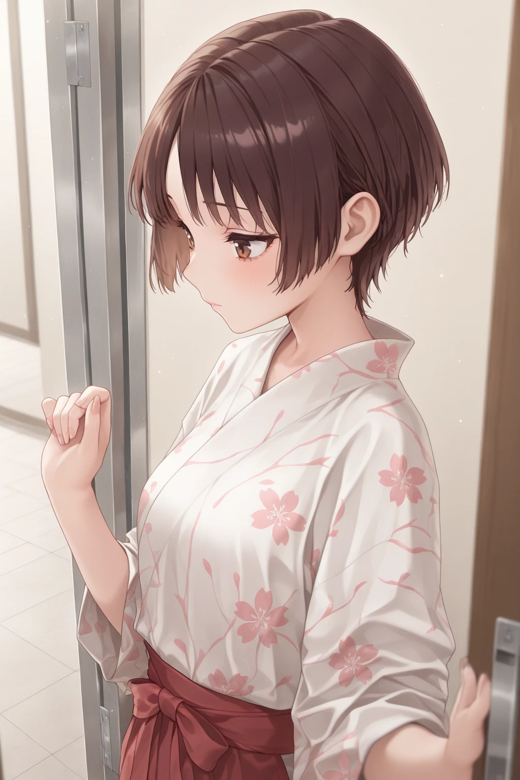 Highest quality、Realistic、、Japanese、zoom、man、cute、Grey Eyes、Light brown hair、short hair、White character print panties、thin、Pouting、、shower room、Cowboy Shot