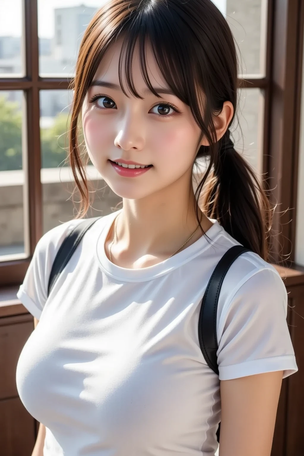 (Best quality, 8k :1.2), (Masterpiece :1.3), 1girl,23 years old, low ponytail, brown hair, Huge breasts, Ultra-detailed face, Detailed eyes, Double eyelid, (smile:1.5), (face blush:1.3), (wearing white t-shirts, black knee-high socks :1.3), (non-neckless:1.3), (Cowboy Shot:1.5)