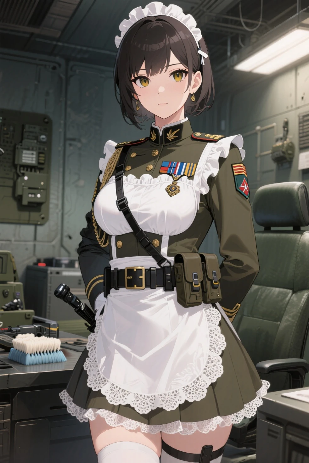 Usually detailed CG Unity 8K wallpaper，（tmasterpiece），（best qualtiy），（ultra - detailed），（Ultra photo realsisim），（best character detail：1.36），Nikon D750 f / 1.4 55mm，profesional lighting， physically-based renderingt, 1girll,  Female soldier，army suit，Dark green military uniform，Long-sleeved military uniform，Fabric texture military uniform，Pure white lining，The white shirt was soaked with sweat，The fabric of a soaked white shirt is attached to the chest，Dark green tie，(Army green skirt)，military hat，Bare legged，Plump legs，whitestocking，White panties are slightly exposed at the bottom of the skirt，without wearing shoes，Black hair，the golden ratio,[:(com rosto detalhado:1.2):0.2]:，PureErosFace_V1, broad shoulder,(Plump breasts:1.5)，(Bigchest:1.5),(big assa:1.5),In the square，Splendid scenery，bright sun，RAW photogr，frontal photos， Look at the audience head-on，lighting，Contre-Jour，Open-mouthed，Stick out her tongue，