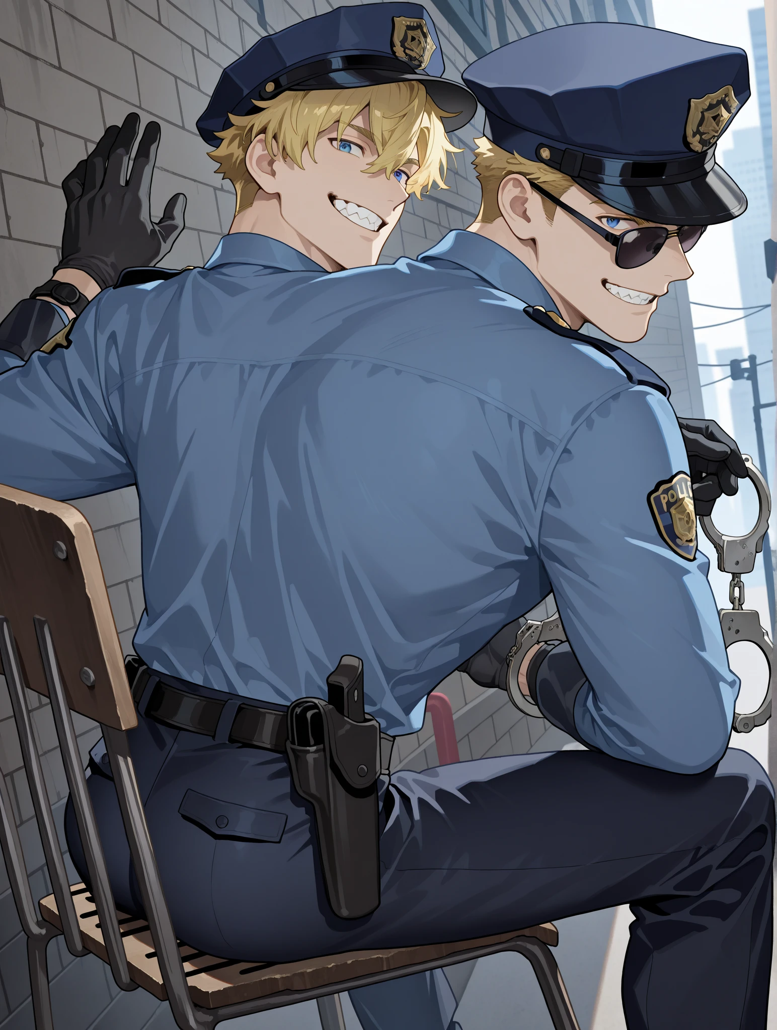,Handsome muscular blonde man wearing glasses and white shirt and a brown tie and black pants and white socks, gagged with a tape gag, in a hogtie bondage position, laughing,brushes held by Hands tickling feet, sweaty face, nose tickled by feathers,office background 
