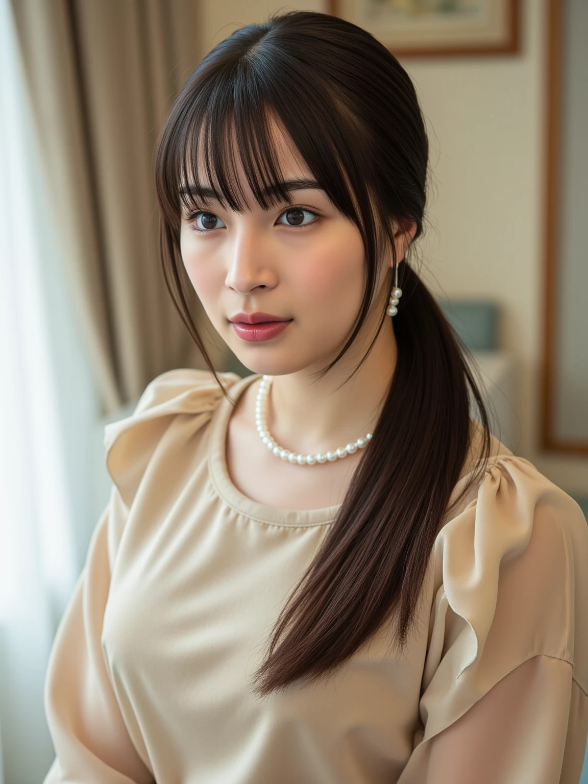 (Best quality, 8k, 32k, Masterpiece, UHD:1.2), from behind, 1 girl, beautiy Japanese office lady, (smile:0.5), (looking at the viewer), 30 years old, bit chubby, white shirt, black skirt, office room, desk, detailed beautiful face, pony-tail hair, from below,