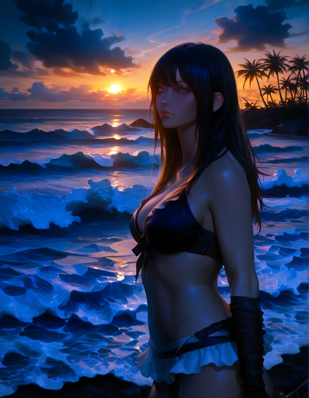 cute woman, woman in swimsuit, woman in bikini swimsuit, beach in maldives, sunset sky, sunset sea, Japan slender woman, drone footage,