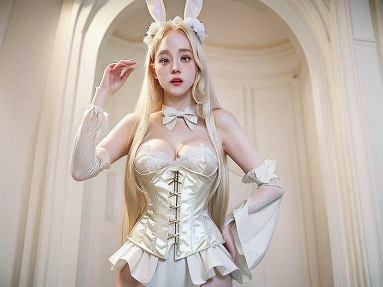 hand behind head，solo person，are standing，full body shot shot，in a panoramic view，Blonde woman in rabbit costume, anime barbie in white stockings, Anime girl cosplay, elegant glamourous cosplay, anime big breast. Soft lighting, Ayaka cosplay, Sakura Kinomoto, belle delphine, cosplay foto, Full length and white stockings, anime barbie in white, pale milky white porcelain skin, Loli, small curvaceous loli