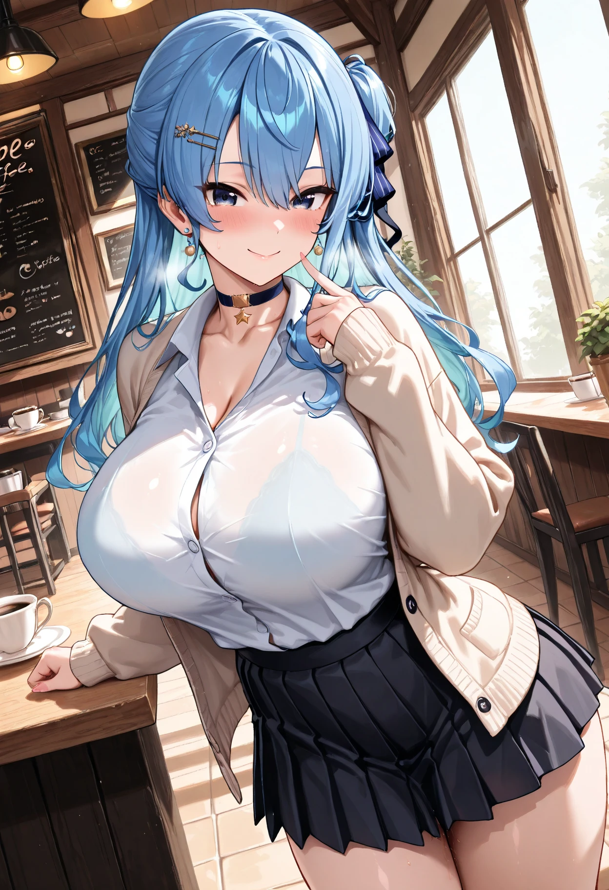 Create a scientist in a laboratory working on an experiment with a flask,, flask、beaker、liquid、chemicals、experiment、Harmonization、Researcher、Doctoral No.、Ultra-realistic images and high definition、Camel Toe、Giant tit、Nipple Puffs、Cleavage、Plump、Super big breasts、Super big butt