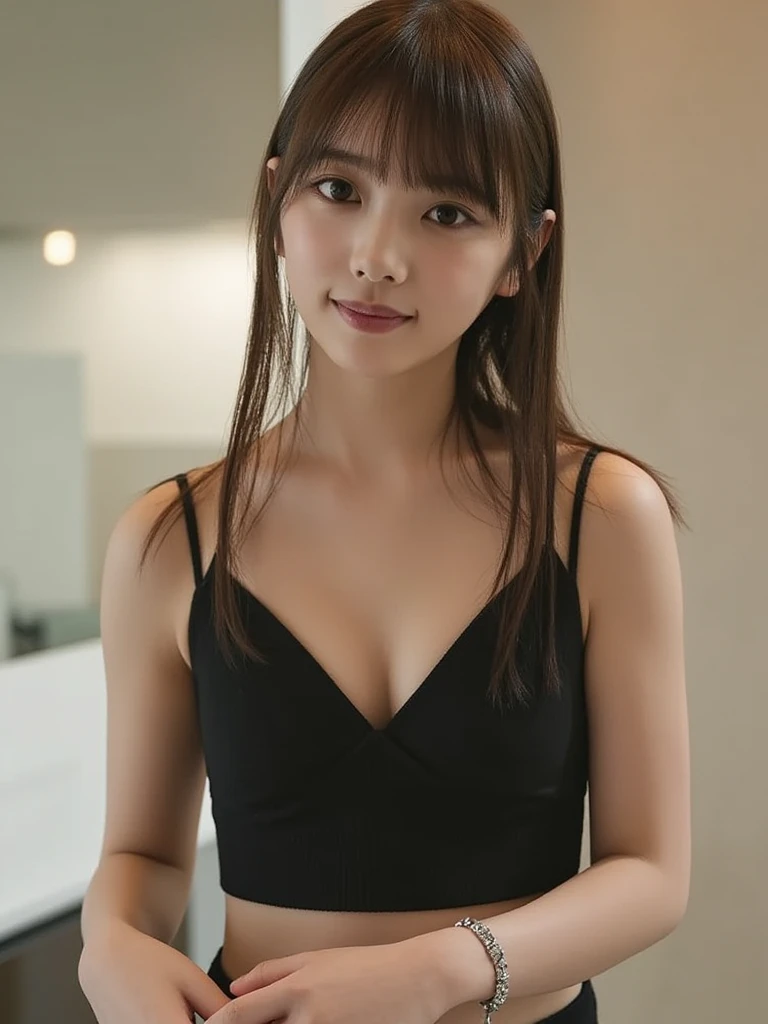(Japanese),(8-year-old girl),((私nnocent look)),((Childish))Black Camisole,Wearing tights on the legs,Big Breasts,Light brown hair,Long Hair,Sit on a chair,(From head to thighs),Laughter,masterpiece,Highest quality