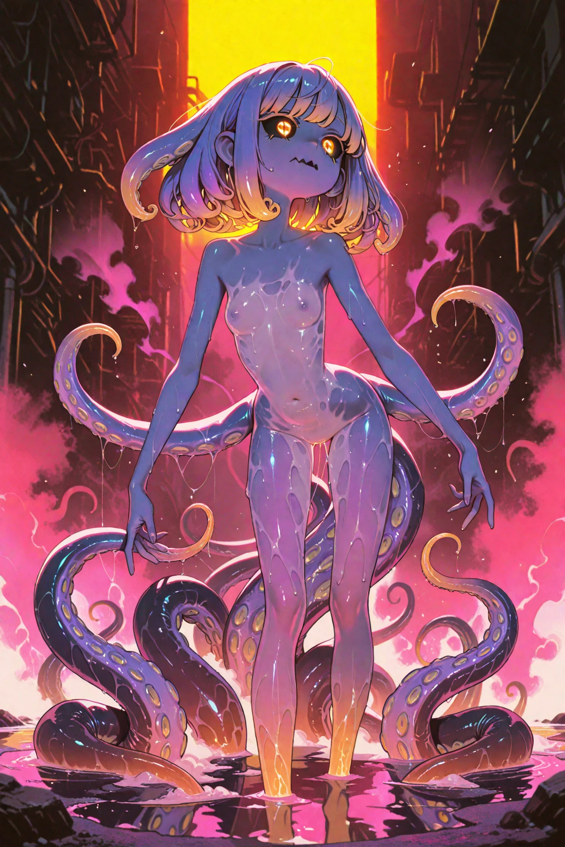 Humanoid creature, extra arms, extra legs, long silver hair, glowing eyes, holding a cristal, in space