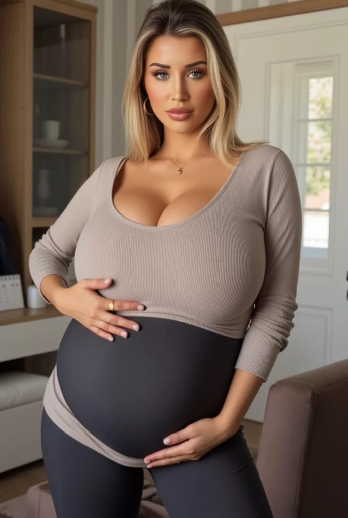 (pregnant) Extremely busty thin and toned brunette photographer, college girl, fair skin, curls, soft face, athletic, beige sweater, black leggings. Sitting on a couch, living room, windows, fish tank