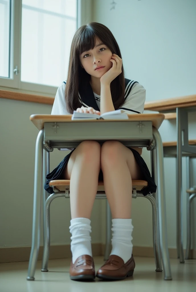 ((highest quality, masterpiece :1.3)), Photorealistic、Ultra-high resolution、Natural skin texture、Hyperrealism、Photograph from the knee up、Beautiful Japanese girl in her early teens、topless、Completely naked、sit in school chair、Scared、A tense look