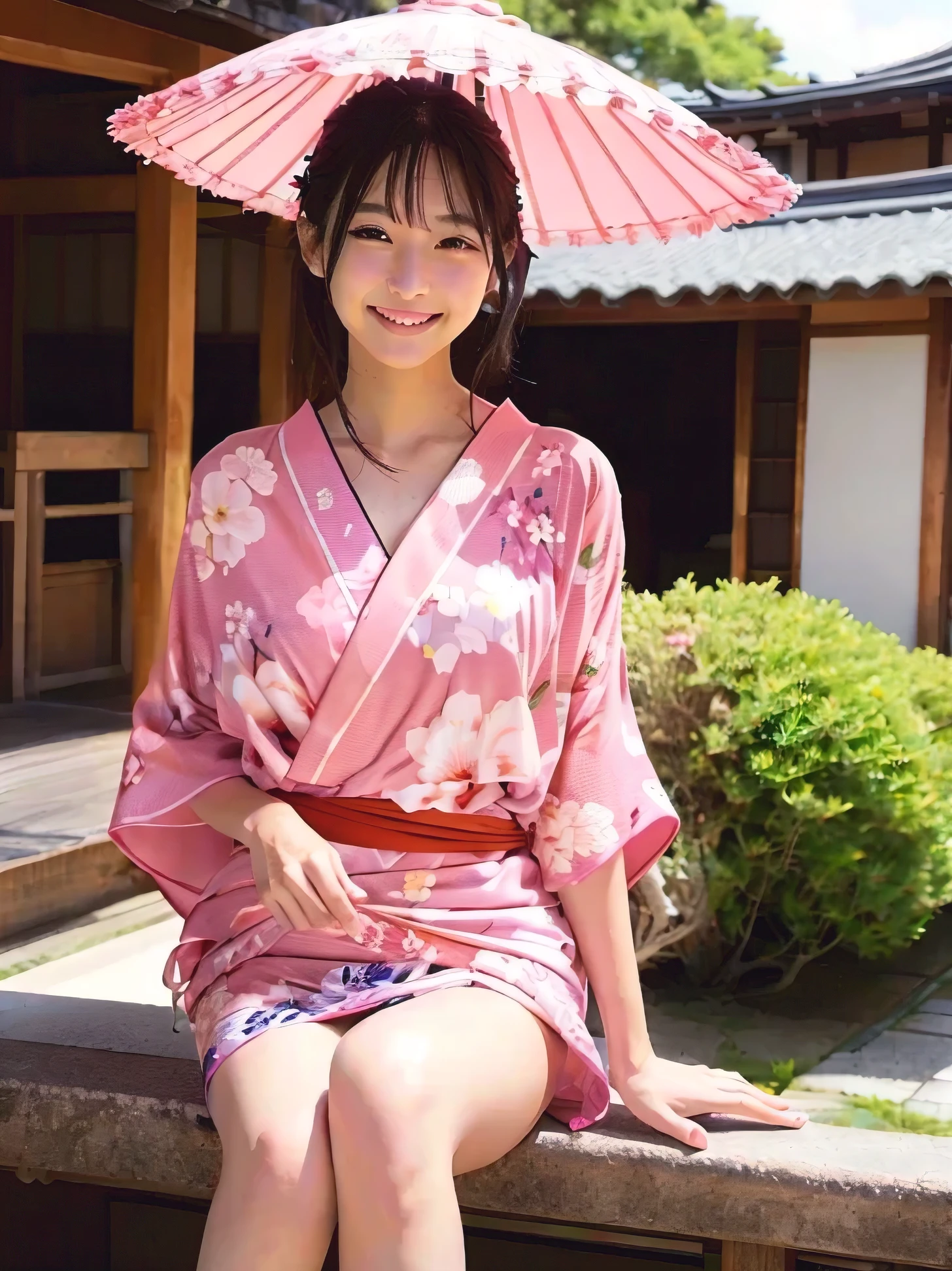 Very cute face like a 16-year-old idol、like々A 20-year-old woman with a cute face、Gentle and cute、A kind smile、(((Cute long-sleeved pink traditional Japanese yukata)))、(Japanese festivals)、(((Full body portrait)))、((You can see the cleavage only at the chest))、((The long hem of the yukata is lifted to reveal her thighs.))、Anatomically perfect、RAW Photos、Genuine、High resolution