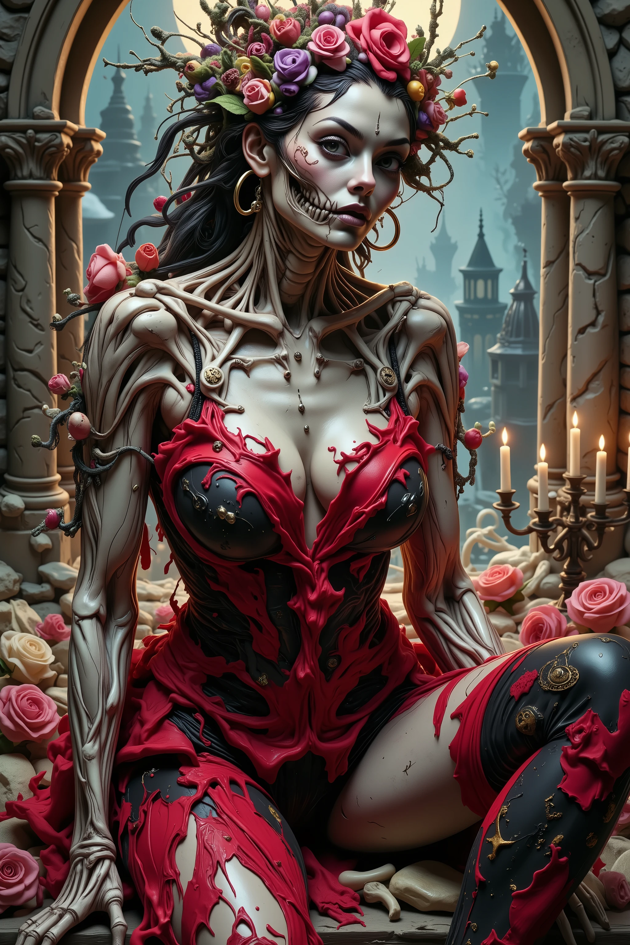 Ultra-realistic, photo-realistic, cinematic photography, realistic, hyperrealistic.   A striking figure with an intricately elongated and skeletal neck creates a dramatic and surreal impression. The skin is pale, almost ghostly, stretching over the sinewy structure of the shoulders and neck, while the visible ribs emphasize a skeletal motif. Soft lighting highlights the porcelain-like texture of the skin, which is adorned with a series of elegant metal ornaments along the shoulders and arms. The deep red attire, frayed and ornate around the edges, contrasts starkly against the pale skin, adding a pop of color and enhancing the eerie mood. Wisps of hair cascade in waves, adding softness to the overall angular and macabre composition. The atmosphere is one of haunting elegance, with a somber undertone that blends elements of fantasy and the grotesque.there is a woman with a strange head and a body made of flowers, 4k highly detailed digital art, humanoids overgrown with flowers, humanoid flora, 4 k highly detailed art, 4k detailed digital art, mechanical vegetal cyborg, detailed painting 4 k, detailed fantasy digital art, detailed fantasy art, highly detailed fantasy art, psychedelic organic cyborgIn a surreal, fantastical portrait, an intricate humanoid figure stands surrounded by a lush garden of vibrant roses. The figure's form is a complex, mesmerizing blend of organic and mechanical elements, with skin resembling ivory porcelain intertwined with a network of exposed wires, gears, and botanical motifs. The head is adorned with an elaborate headdress of cables and roots exploding into colorful and bizarre foliage, creating an otherworldly crown. Large, wide-set eyes and a skeletal grin give the face a haunting yet whimsical expression. Brightly colored flowers and ornaments are embedded in the body, adding an enchanting touch of life. The background features a fairy-tale landscape with distant, whimsical towers and soft, ethereal lighting that complements the serene, almost dreamlike ambiance. The scene captures an exquisite blend of nature and machinery in a symphony of artistic imagination, evoking themes of transformation and the merging of human and natural worlds.A woman sits amidst the solemn grandeur of a dimly lit room, her presence accentuated by an elaborate black and red gown. The dress is richly adorned with intricate details and vibrant red frills, drawing the eye with its striking contrast against the subdued background. Her dark, flowing hair cascades over her shoulders, complementing the dramatic ambiance. She holds an ornate fan, its red and gold hues matching her attire, adding a touch of elegance and mystery. Surrounding her are antique candlesticks, their glowing flames casting a warm, flickering light that dances over the stone textures and arched architecture of the setting. This gothic atmosphere is filled with shadows and depth, enhanced by the stones and scattered bones around her, evoking a somber, introspective mood. The interplay of light and shadow is captured beautifully, creating an evocative and intriguing tableau.A striking figure with an intricately elongated and skeletal neck creates a dramatic and surreal impression. The skin is pale, almost ghostly, stretching over the sinewy structure of the shoulders and neck, while the visible ribs emphasize a skeletal motif. Soft lighting highlights the porcelain-like texture of the skin, which is adorned with a series of elegant metal ornaments along the shoulders and arms. The deep red attire, frayed and ornate around the edges, contrasts starkly against the pale skin, adding a pop of color and enhancing the eerie mood. Wisps of hair cascade in waves, adding softness to the overall angular and macabre composition. The atmosphere is one of haunting elegance, with a somber undertone that blends elements of fantasy and the grotesque