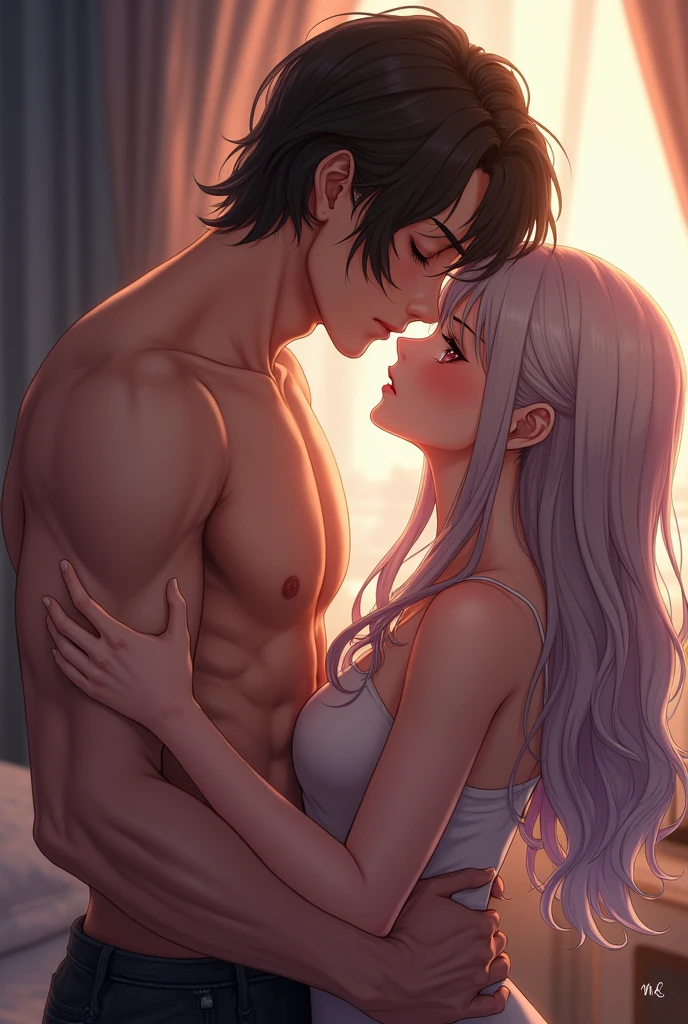 An sexy anime man and woman kissing 