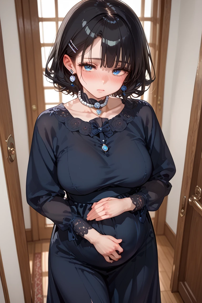 ((Masterpiece)), (((best quality))), hips wide open, ((blue colour eyes)), (((long brown hair))), (((shot White dress))), ((little girl)), (cute), ((a face that looks sleepy)),  ((blue silk robe)), (((only one girl)))