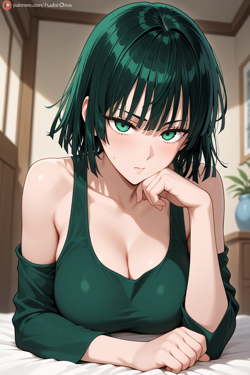 fubuki, fubuki, Dark green hair, Green Eyes, short hair, (Large Breasts:1.2), good, panties, black good, black panties, Portrait Shot, Upper Body Shot, Face Focus, Close-up shot, only Upper Body Shot, break indoors, office, break looking at viewer, break (masterpiece:1.2), Highest quality, High resolution, unity 8k wallpaper, (figure:0.8), (Beautiful attention to detail:1.6), Highly detailed face, Perfect lighting, Highly detailed CG, (Perfect hands, Perfect Anatomy), A proud smile