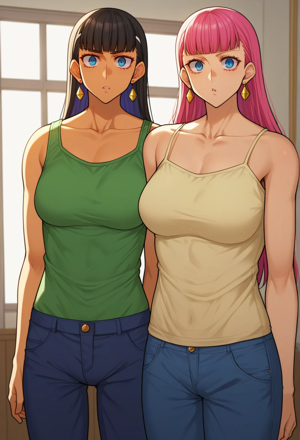 2heads, a short overweight woman with 2 heads. She has gigantic breasts. She is wearing a tight tank top. She is wearing baggy sweatpants. She is outside during a sunny day. She has big puffy pink hair in a big ponytail. She looks young. She is very short. She has toned abs. She has strong muscular arms. She has enormous fat breasts. She has mature breasts. She is smiling. She has massive breasts. Deep cleavage. She has big defined lips.
