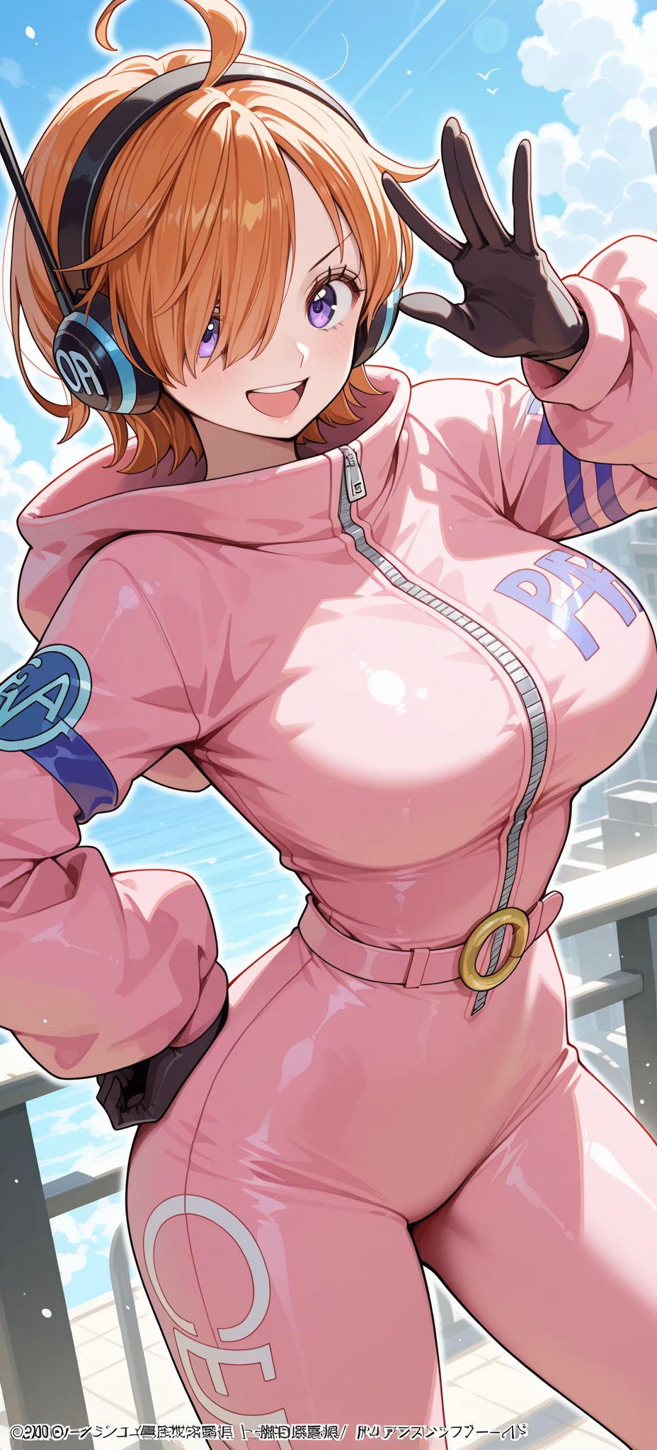 (best quality:1.2), 1girl, (masterpiece:1.2), raytracing, cute face, perfect face, ultra detailed,detailed face, 8k wallpaper, wide hips,  <lora:more_details:0.4>,  <lora:UrarakaOchako_NDV:0.7>, UrarakaOchako_NDV, 1girl, brown eyes, brown hair, large breasts, short hair, blush stickers, hair ornament, bodtsuit, gloves, standing, outdoor, smile, open mouth