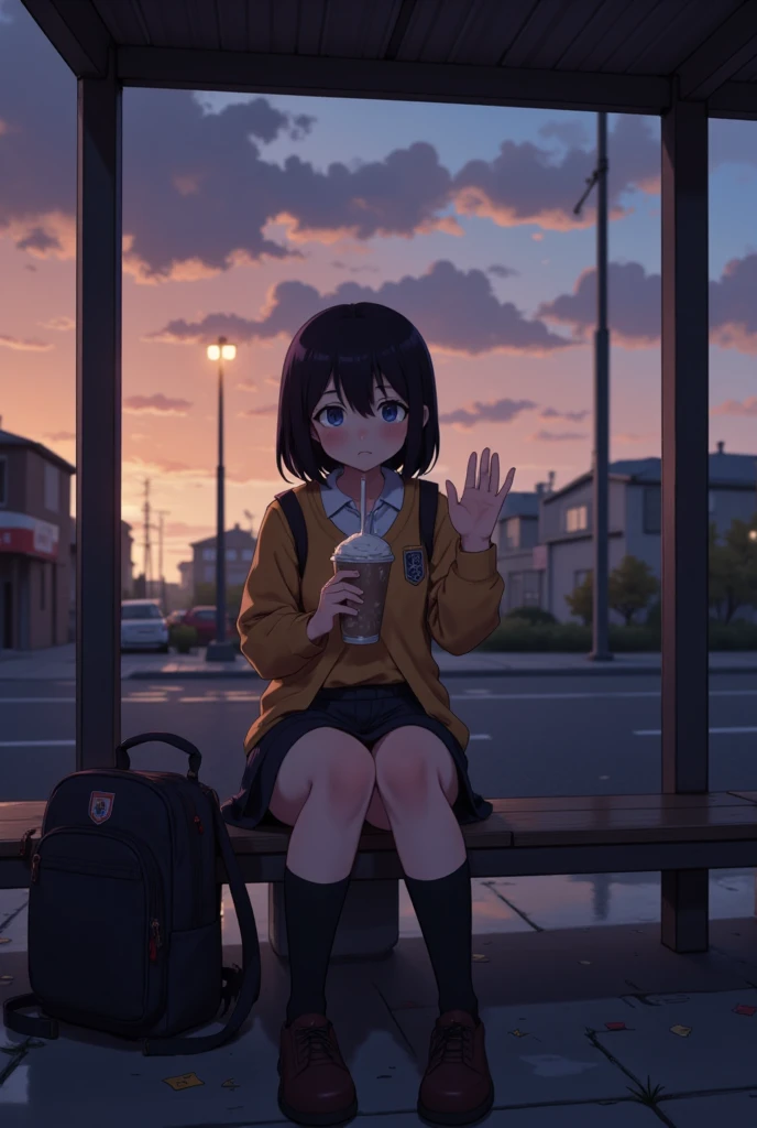 Woman sitting on the balcony looking up at the sky),(drink coffee),(Comfortable and comfortable seats),(Sunlight passing through the building),(The sky is clear.),(Evening),(Anime style landscape wallpaper with special details.),woman sitting with cat,