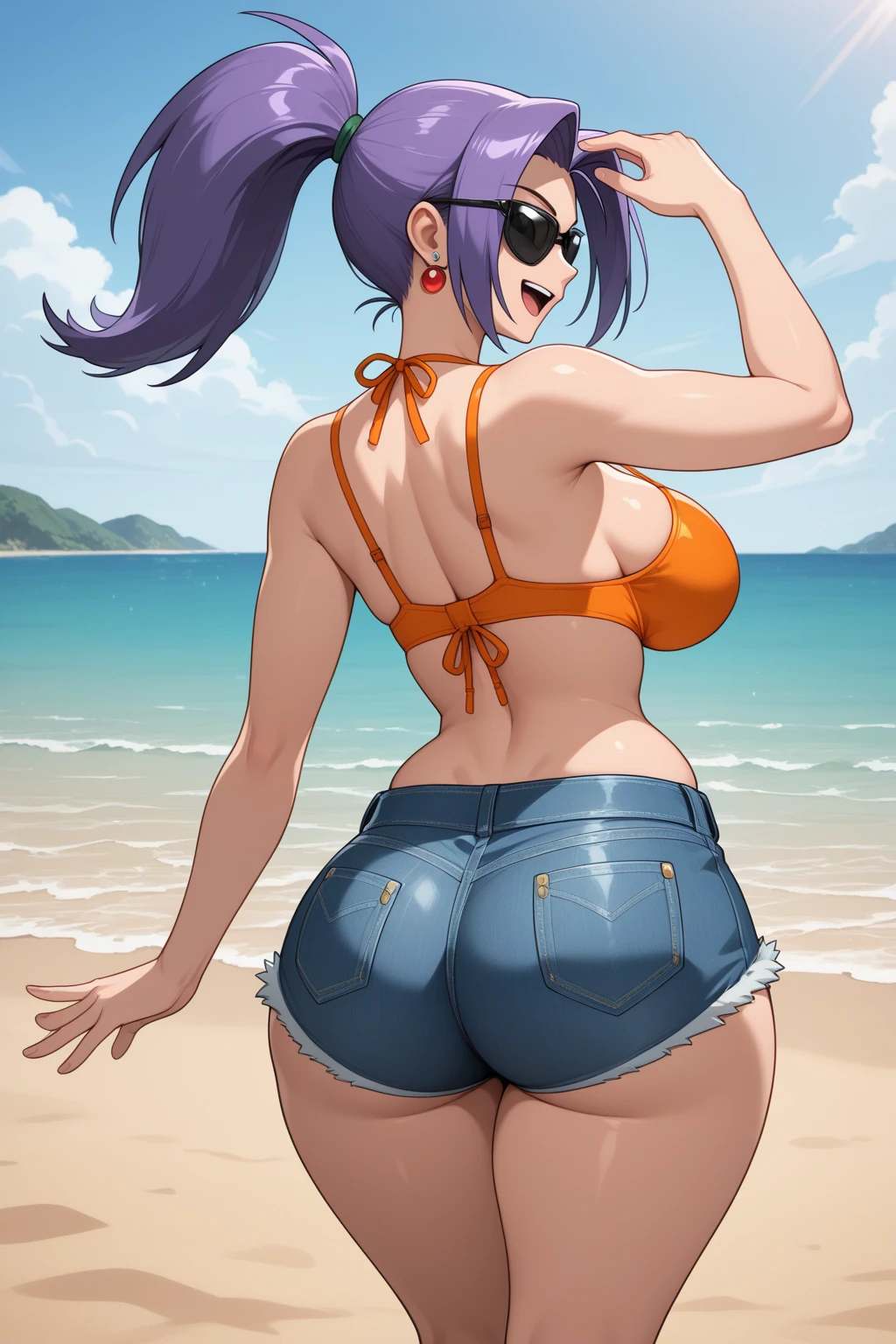 1girl, female elf, short red hair, blue eyes, curvy body, black bikini top, black bikini bottom, bare legs and feet, laying down on beach chair at the beach on stomach, full pouty lips, lewd smile, pinup pose, front view, looking back at viewer longingly