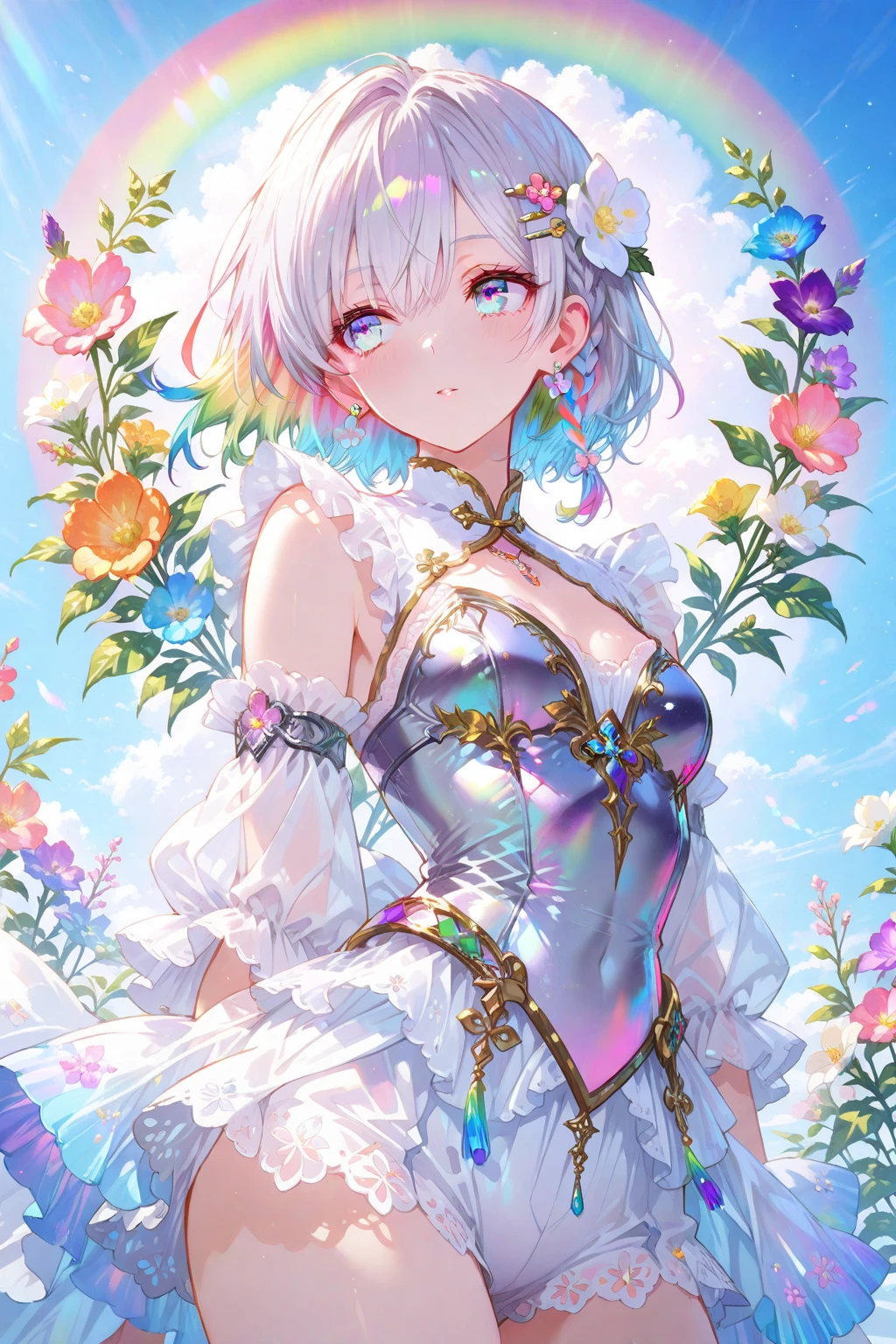 ((Beautiful shiny silver hair,Short Bob,Blue Eyes:1.2,21 years old,Cute smile))break,((Voluptuous figure)),BREAK(((Tulip fields in full bloom:1.3,Woman walking through tulip fields))),((A dress made of many colorful tulips:1.3)),break((Tulip hair ornament,Tulip Earrings,Black Choker)),not enough((garden:1.3)),break((Cowboy Shot,Angle from above,Zoom in on face:1.3)),break((parted 唇,Attractive lips)),break(Beautiful Eyes),(Eye highlights),(Highly detailed eyes),(Beautiful thin eyelashes),break((masterpiece,highest quality,High resolution,8k,Very delicate and beautiful art,Movie-like scene,Realistic lighting and shading,Professional photography,Professional color coding))