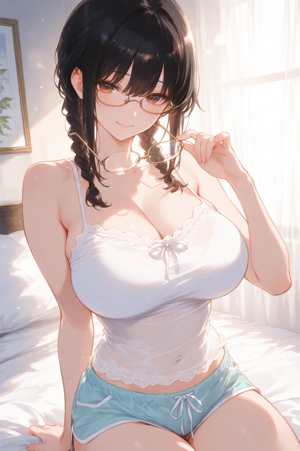 1girl,masterpiece,best quality,teen,glasses,braid hair,black hair,kneehighs,full body,hyper breast,gigantic breast,long breast,huge nipples,huge areola,swhite blouse,on bed,smile,spread legs