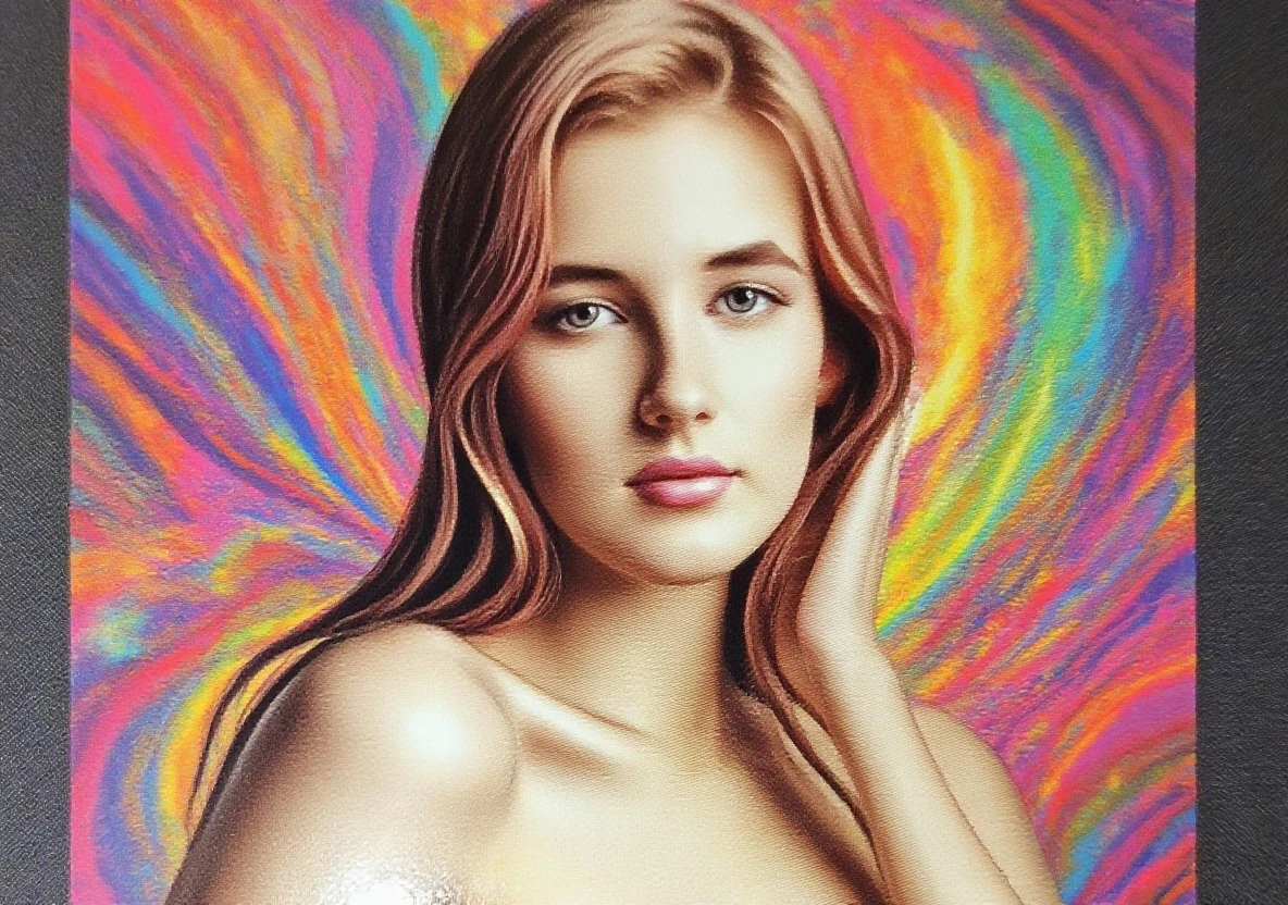 (highest quality)、(masterpiece:1.2)、(colorful:0.9)、(color scattering)、(watercolor painting)、sharp focuodel shot, High resolution, ) ((highest quality)), (Super detailed), (beautiful), alone, beautiful face、(Detailed cute woman sitting on a fluffy cloud, nude, in the night sky with twinkling stars and a beautiful glowing moon, listening to music with headphones on and happily closing her eyes:1.3)、(Colorful long shiny blonde hair:1.2),colorful eyes,dramatic、pastel colour