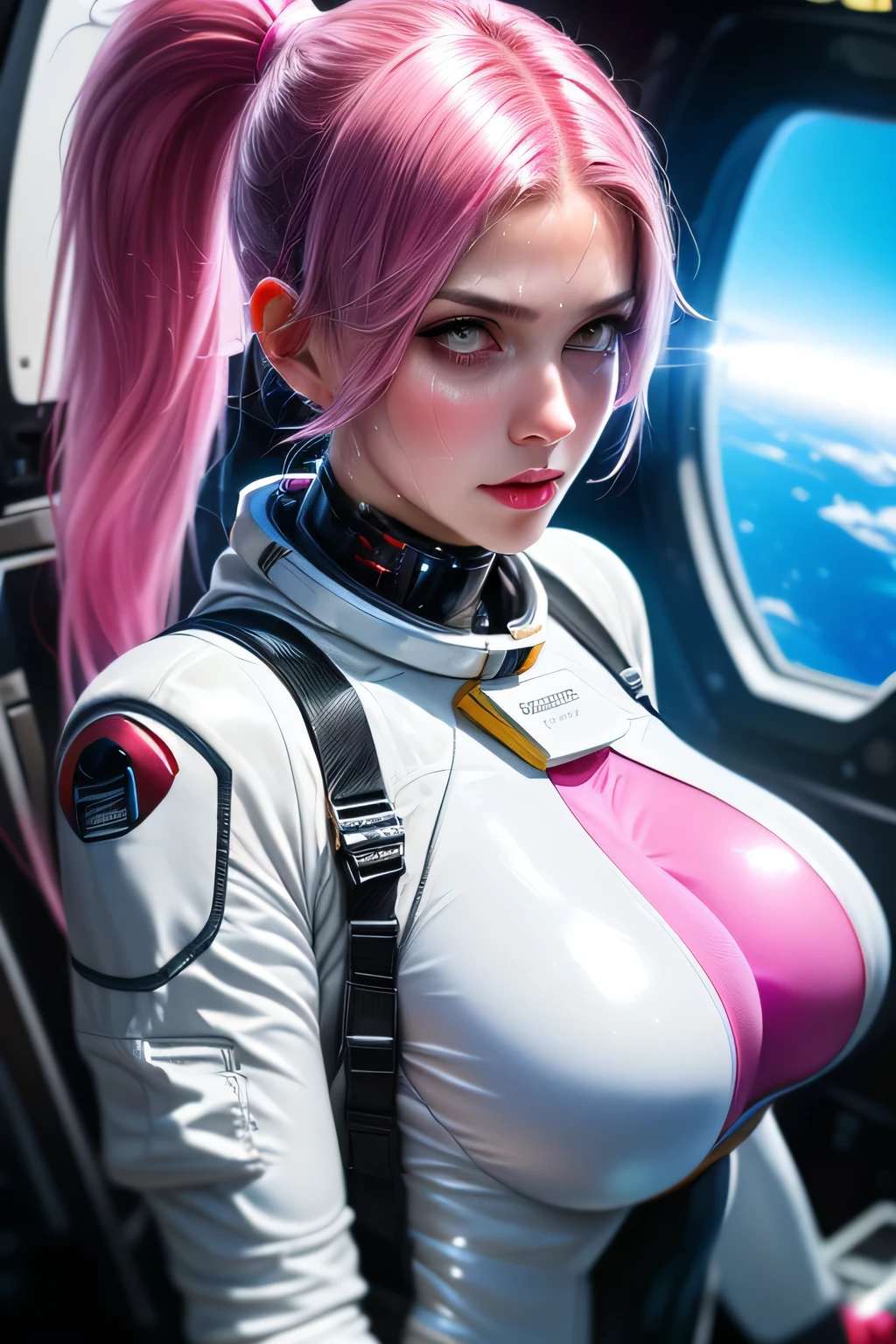 (ultra realistic,32k, masterpiece:1.2),(high detailed skin:1.1),( 8k uhd, dslr, high quality:1.1),
1girl,pink hair, ponytail hair, parted bangs,(aqua eyes:0.9), <lora:yifu_20231230035255:0.7>dress, sexy, , <lora:add_detail:1>, masacara, (red lips:0.8), (huge breast:0.9),
(looking at viewer, sitting, crossed legs:1.1),, upper body,
,(moody lighting:1.1),lunar research base, moon exploration, lunar resources, lunar colony support