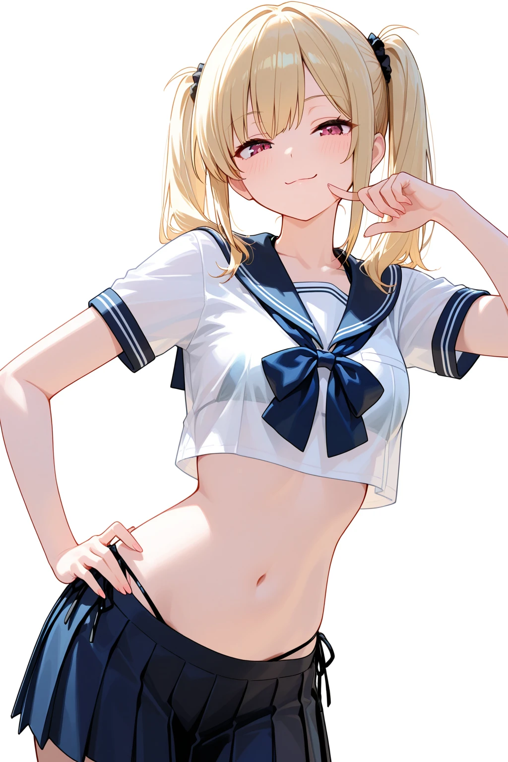 1girl, ((henreader)), newest, solo, 10yo, younger, aged down, little, blond hair, twintail, groin, serafuku, revealing clothes, side tie, necklace, bracelet, standing, contrapposto, head tilt, :d, smile, naughty, mesugaki, blush, sweat, wet, vulgarity, white background, simple background, peace sign, netorare, best quality