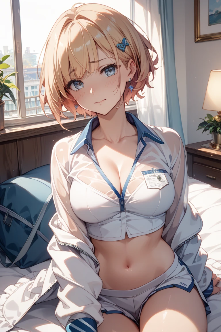 High resolution, 2D anime style,,blue eyes beautiful eyes,high and beautiful nose,Skinny face,boyish blonde short hair,Cool adult woman,beautiful clock,Chest is slightly larger,she looks very kind,biting one's lips, she was very angry, blush,she narrows her eyes,Fashion that shows off your stomach,she is wearing a fluffy bathrobe, sleeping in the bedroom,spread across the legs,bedroom at night