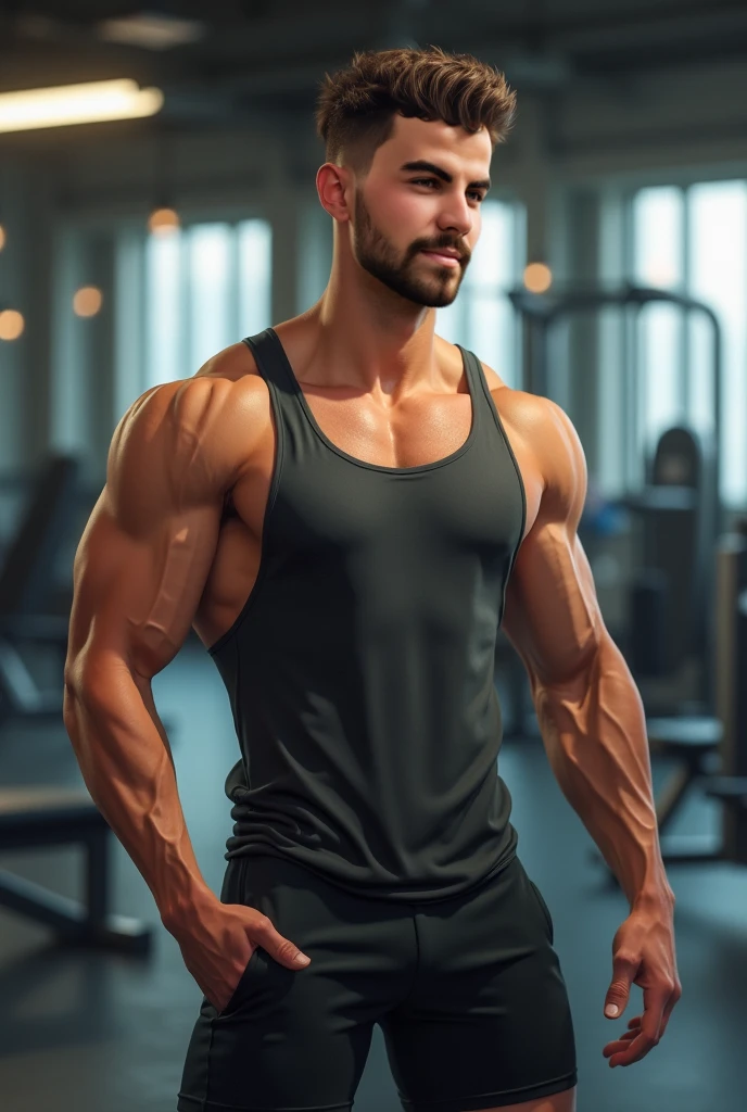man, very light complexion, short graying hair, athletic physique not too muscular, wearing tracksuit trousers, tank top and glasses, in a gym, looking at the camera, confident,