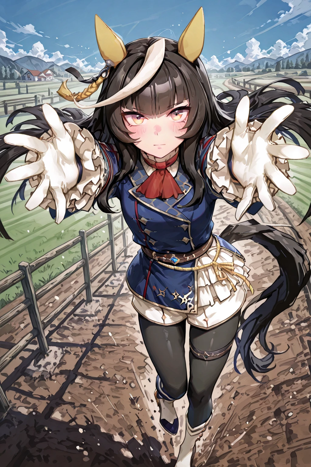 Rice Shower,(masterpiece),figure,(Rice Shower \(umamusume\)),Brown Hair,Long Hair,Purple eyes,Swept-apart bangs,Long Bangs,Long Hair,Hair covering the right eye, Futanari,Masturbation,Grab your penis,((erection)),((penis)),(ejaculation:1.5),skirt,Nipples,In town,Exhibitionism