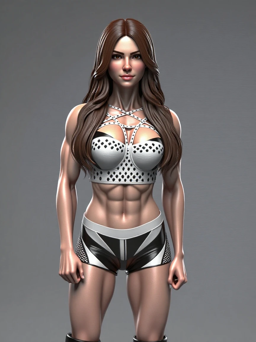 Buff brown-haired Russian woman with Mohawk, in white bra and white cotton high cut panties, photo realistic, intricate details