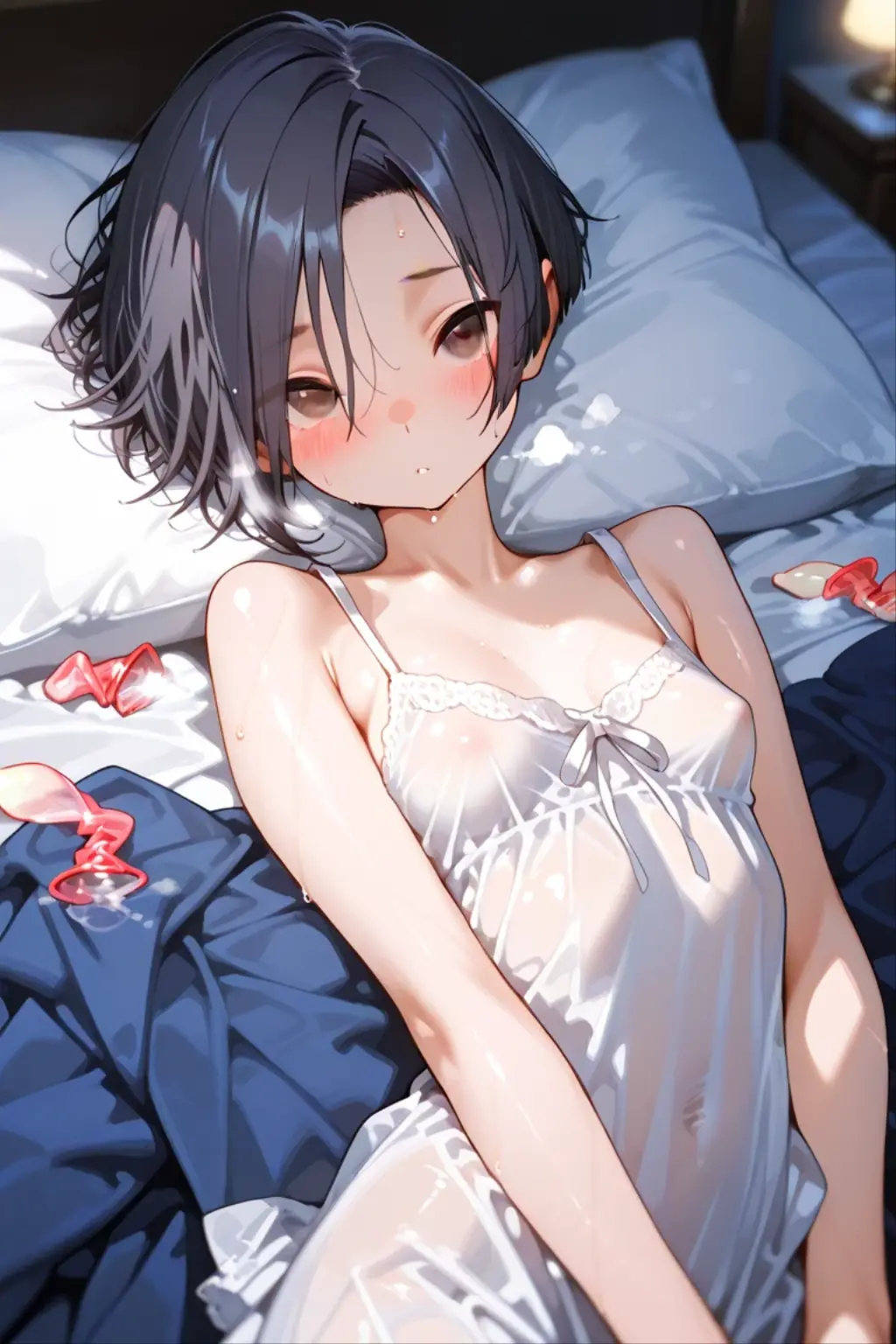 Hands behind back,Tied with hands behind back,lick,from front,front view,looking at viewer, looking ahead,from above,cowboy shot,1girl,Beautiful 15 year old girl,teenager,Japanese,Slender,,low length,Small breasts,Thin legs,Small Ass,Baby Face,Small face,Black Hair,Short Twin Tails,Gray Eyes,Drooping eyes,slit pupils,narrow eyes.middle School girls,Black collar with chain,Sheer black and light pink negligee,lingerie,open mouth,tongue out,front face,Kneeling,Straight Stand,Beautiful and detailed anime art,Mischievous smile,Sexy vibe,cum on tongue,Dimly lit room,On the bed,Simple Background,Gray background,Dim white lighting,