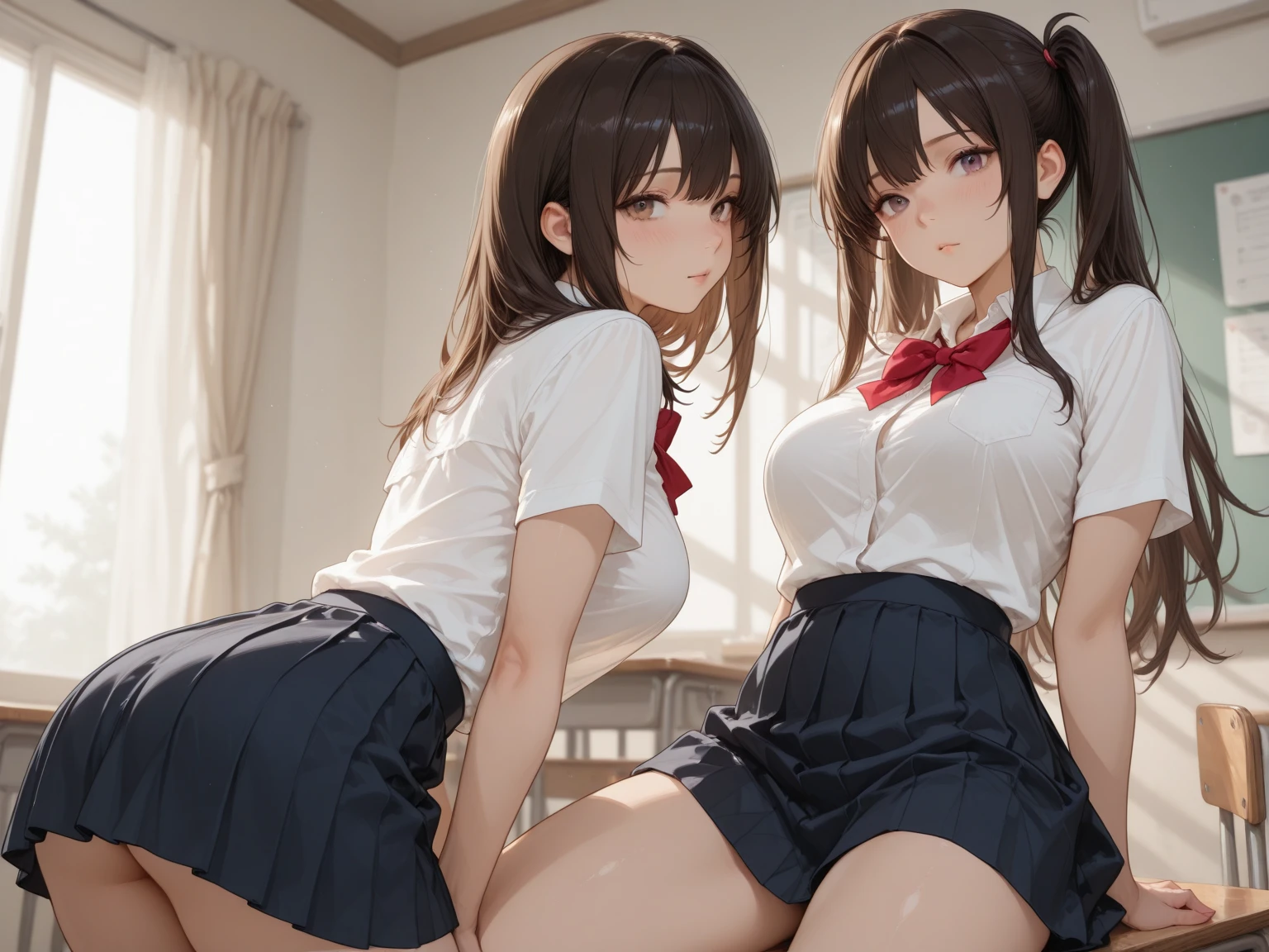 (NSFW:1.5), (realistic, photo realistic:1.2), ((highest quality)), move the center of gravity backwards, pretty embarrassing, 2girls, black long hair, bangs, hairclip, purple eyes, school shirt, (brown school uniform), (school skirt), (black pantyhose), red necktie, (rabbit ears, pantyhose, white panties, (show panties:1.4), (Panty shot:1.3), (pull up the skirt:1.3), (squat:1.4), put the heel on the ground, spread legs, (spread pussy:1.5), squat with your knees up, Attach your ass to the ground, black penny loafers, beautiful face details, real human skin, gentle expression, Front view, angle from below, realistic, photorealistic, squat deep on class room, whole body, (looking at the viewer:1.2), From before, from below,