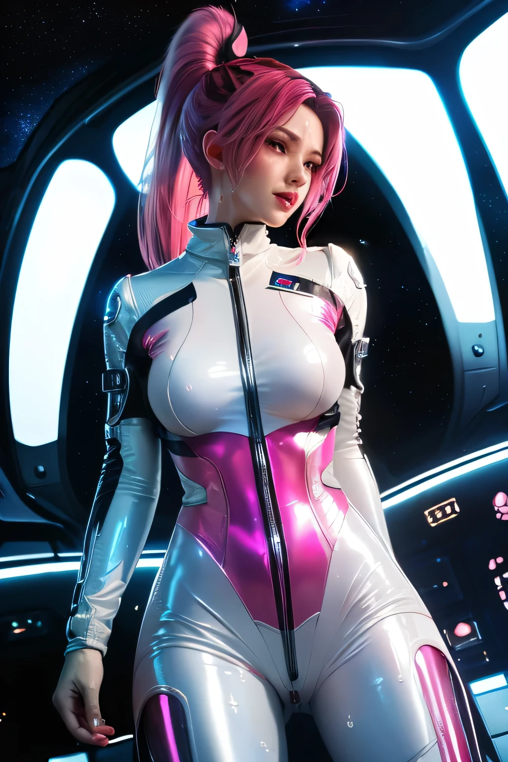 "(Highest image quality), (Incredibly detailed), (photo-realistic:1.1) 1girll, Depicting a female space Marine cadet, Thin transparent spacesuit, Breasts, White and pink spacesuit, Glowing pink neon sign, Erotic, Seductive, Stylish futuristic helmet, Beautiful face, space, Universe, Strange planet."