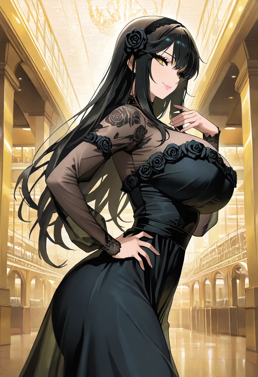 ((anime artstyle)),(Masterpiece),(Best Quality),(Super Detail),(Very Delicate and Beautiful),Solo,((full body)),((standing in the balcony,Overlooking a detailed night view,outdoor)),from above,BlingBling,((1 arrogant princess in beautiful embroidery black and gold gorgeous rococo ballgown with beautiful embroidery and ruffled voluminous full length hoop skirt)),(crinoline),gorgeousfull embroidery,Long train,(((arrogant,haughty))),((arrogant smile)),Sharp eyes,(gorgeous gemstone jewelry),detailed face and eyes,jewel-like eyes,Purple eyes,(Bangs between eyes),((large amount of straight hair,extremely Long voluminous black Hair)),((gigantic tits,Long tits)),gorgeousfull embroidery,cleavage,extremely gorgeousfull hair ornament,(bling-bling extremely gorgeousfull jeweled tiara),gorgeous corsage,(Dynamic Angle),Looking at viewer,((full body)),outdoor,((beautiful embroidery and glitter jeweled black and gold gorgeous rococo ballgown with beautiful embroidery and ruffled voluminous full length hoop skirt))